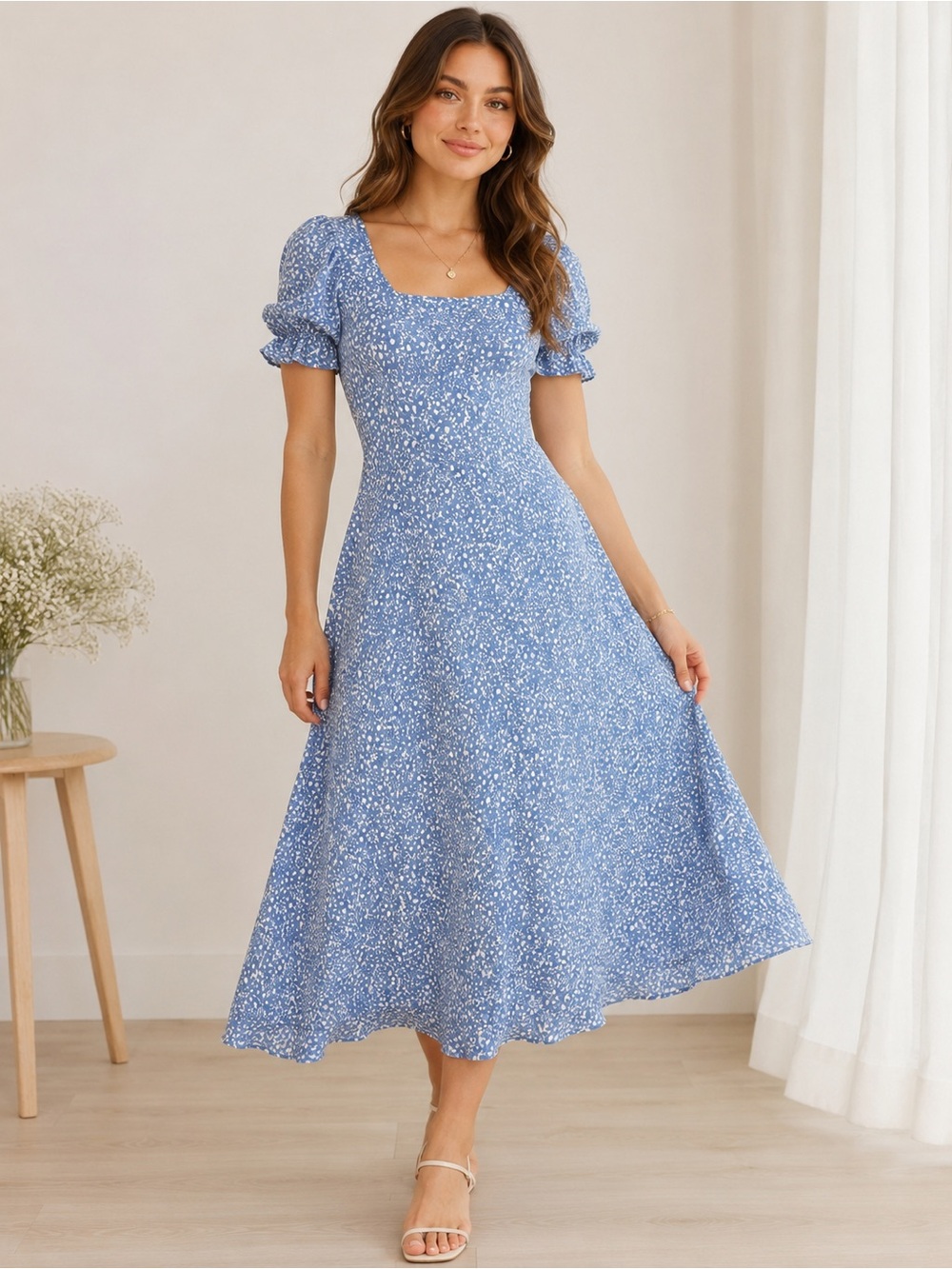 FRESHA London Blue and White Floral Maxi Dress with Scoop Neck
